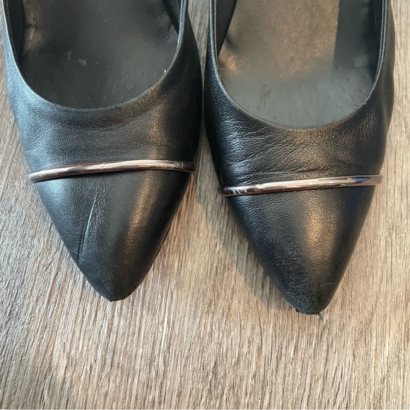 AGL Black Leather Silver Accent Pointed Toe Block Heels - Picture 4 of 11